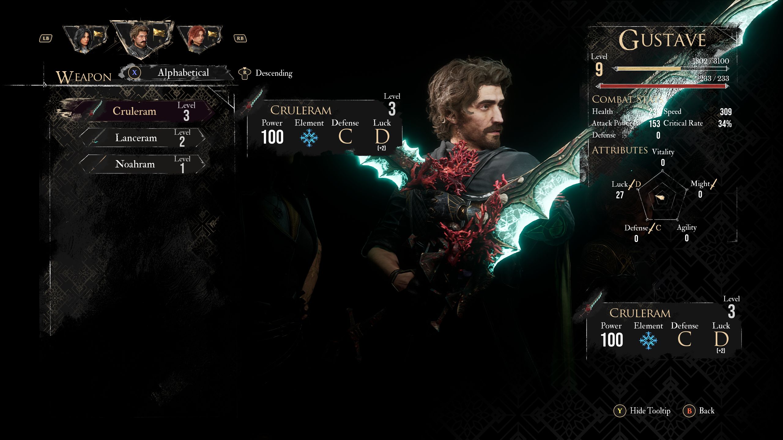 Gustave's weapon menu in Clair Obscur: Expedition 33.