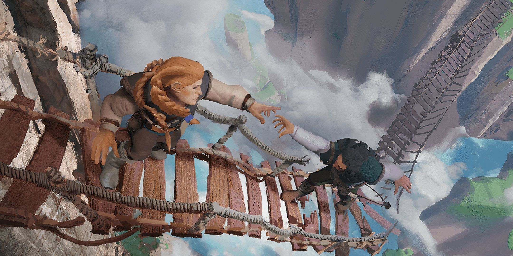Two adventurers escape a falling bridge in DND. 