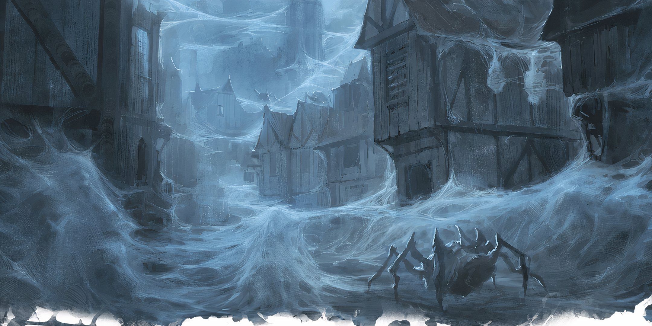 Spiders crawl through a webbed city in DND.