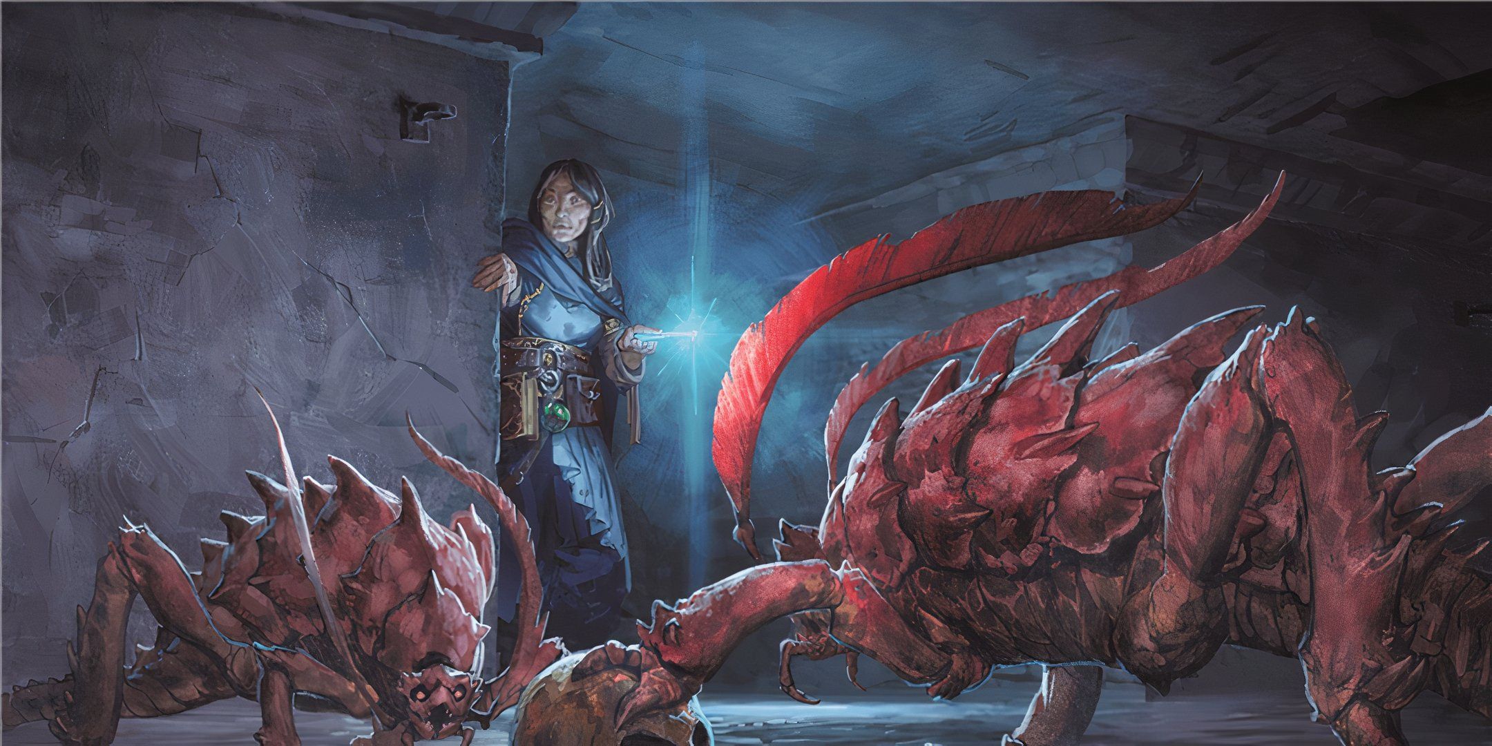 A player character explores a dungeon riddled with monsters in DND. 