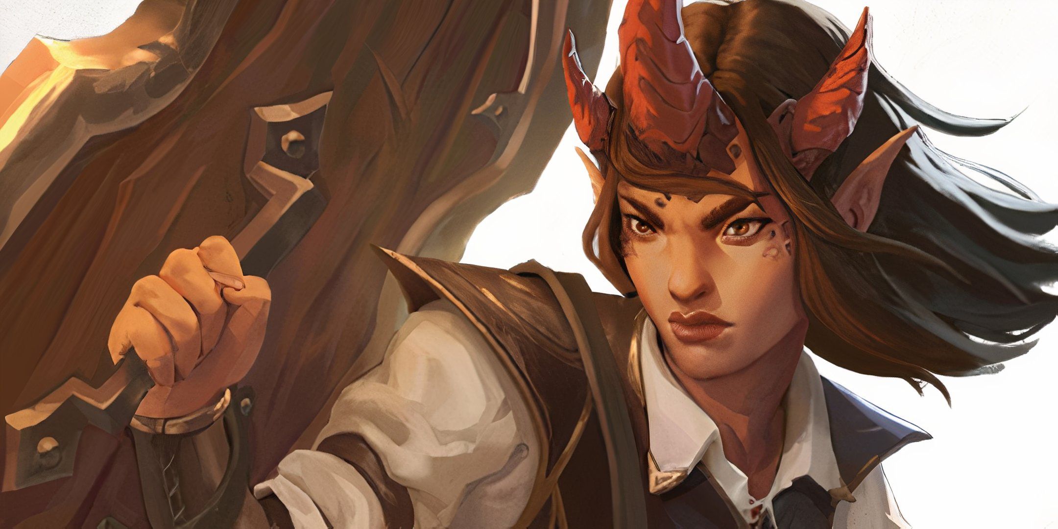 An infernis character in Daggerheart with three horns and a shield.