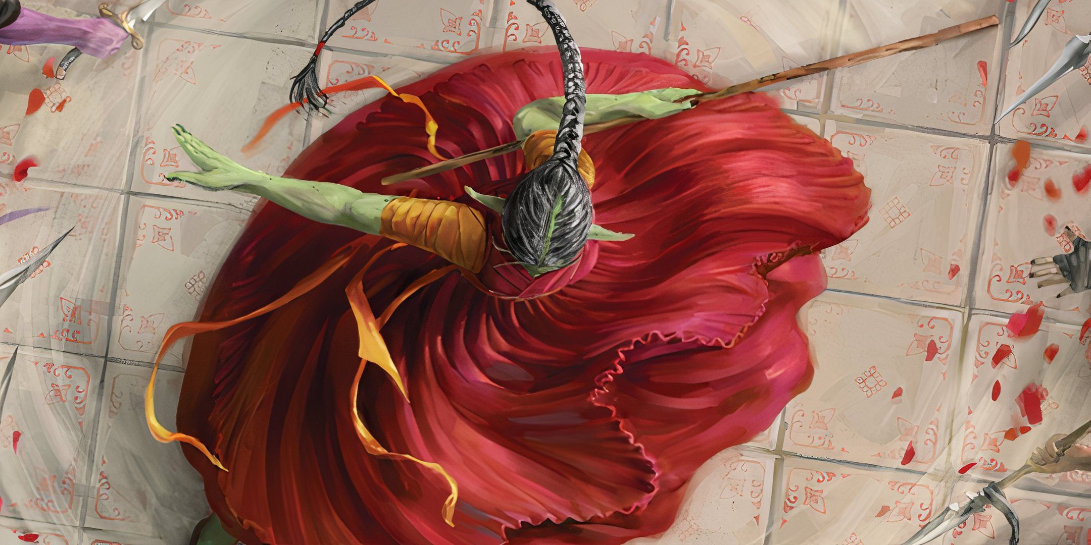 A goblin warrior fighting and twirling in combat in Daggerheart.
