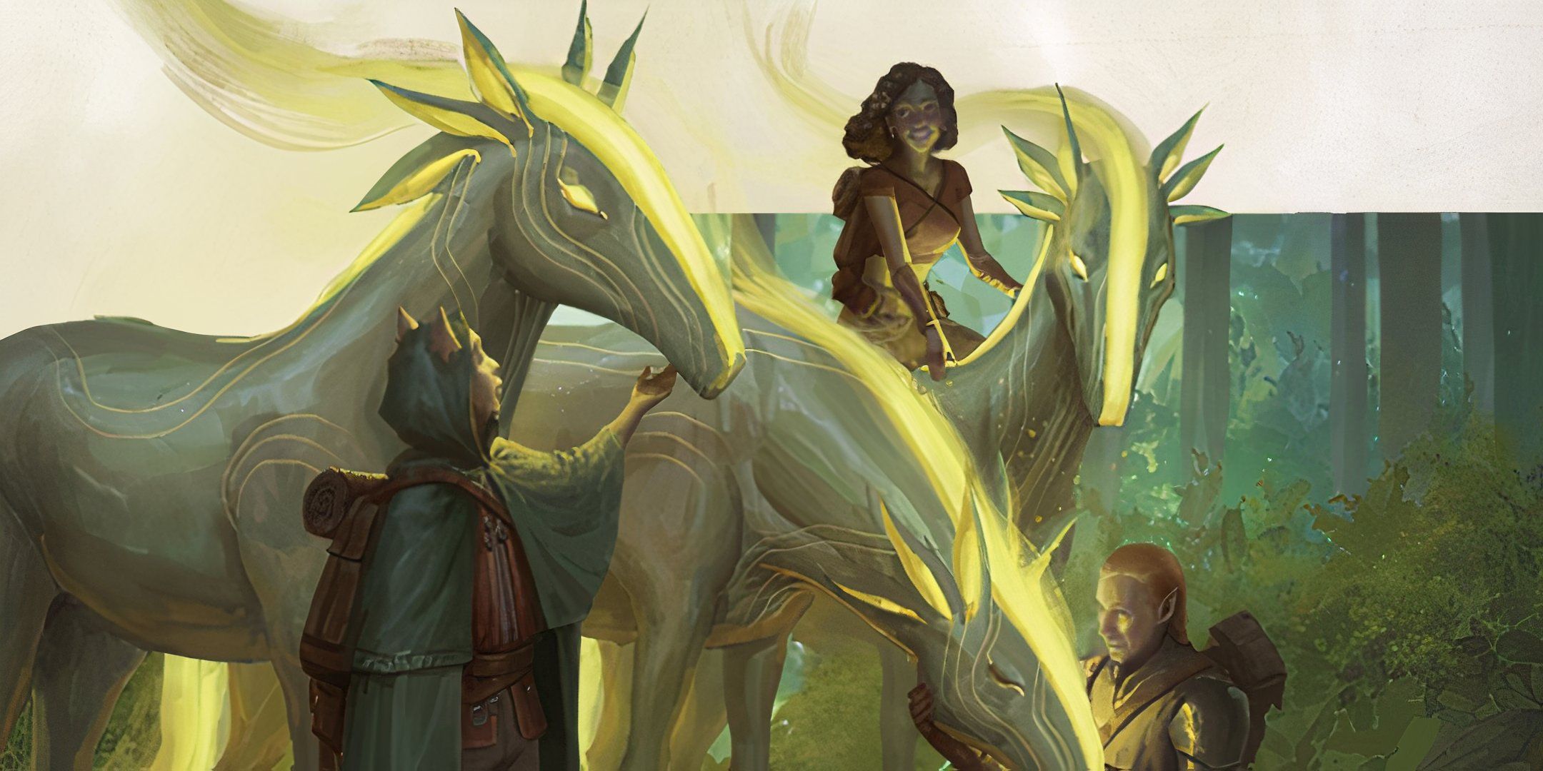 A group of players in Daggerheart riding on glowing, mystical horse-like creatures.