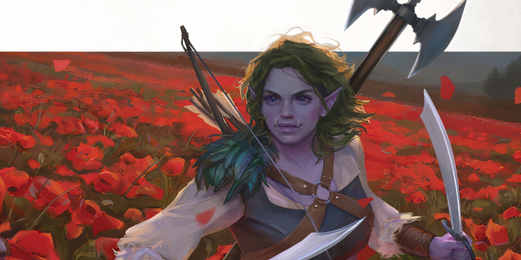 An orcish warrior wielding two weapons in a field of flowers in Daggerheart.