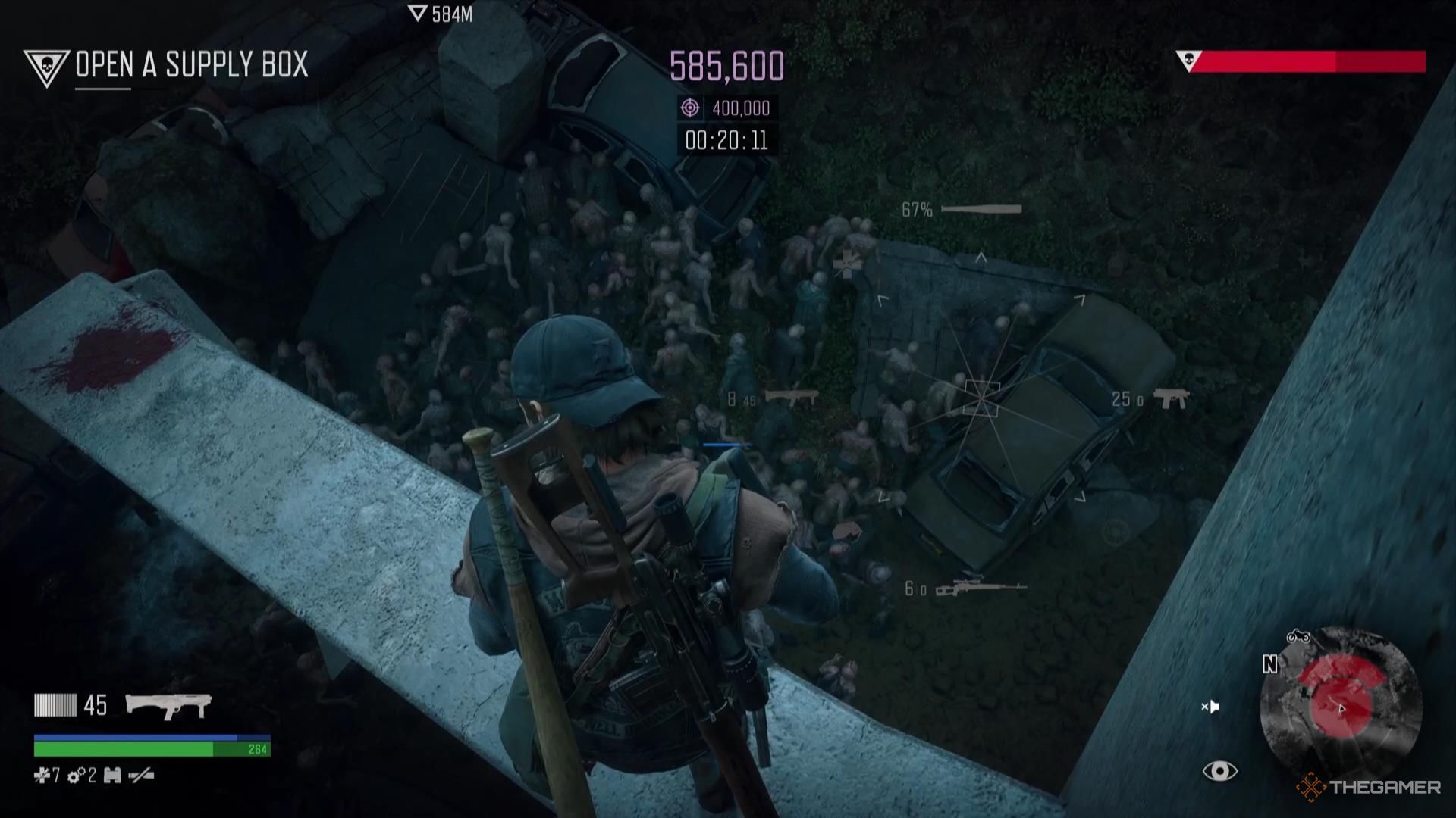 Дикон смотрит вниз с небольшой платформы на Орду в Days Gone Remastered.