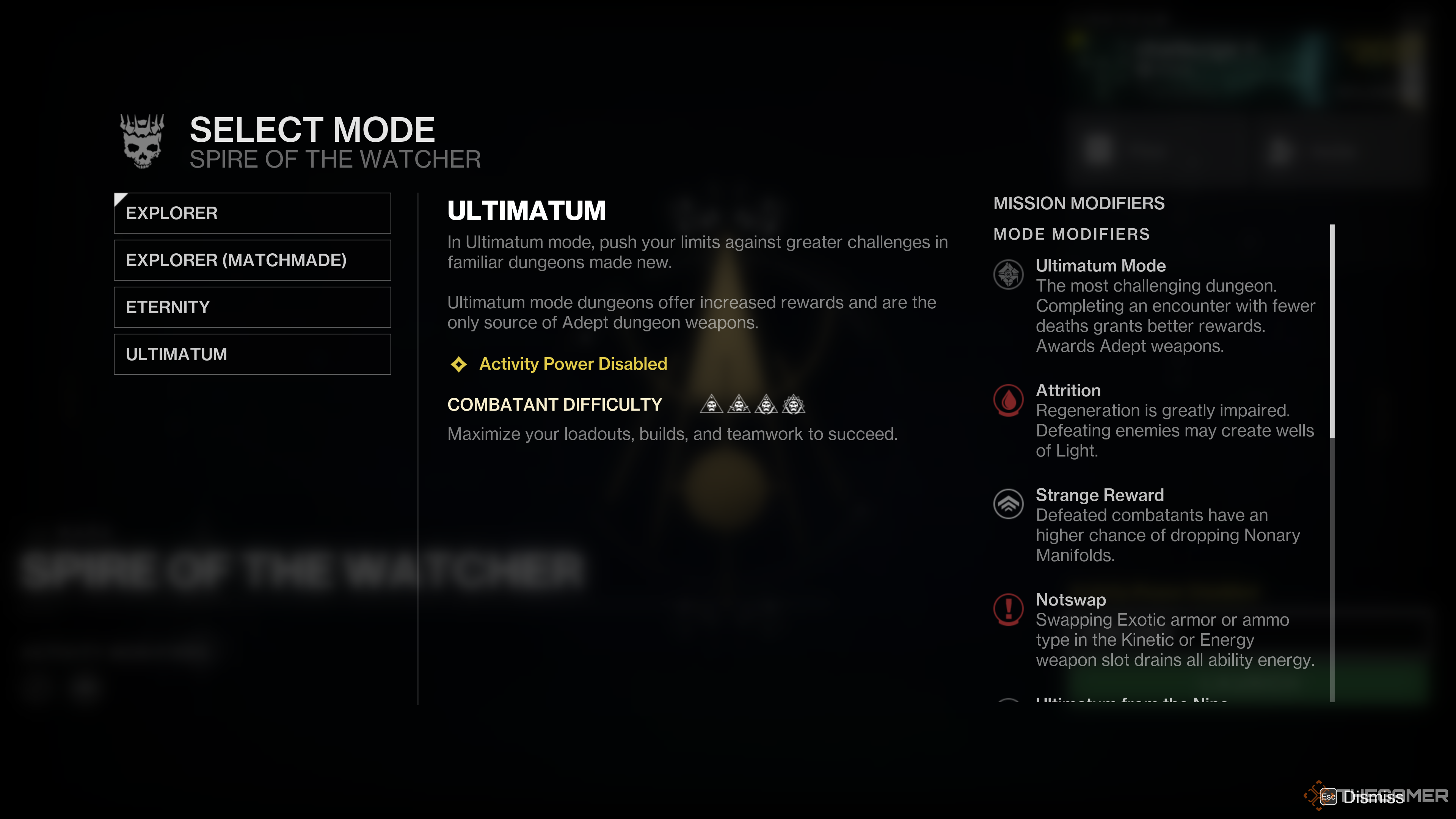 Destiny 2 Spire of the Watcher Difficulty Options