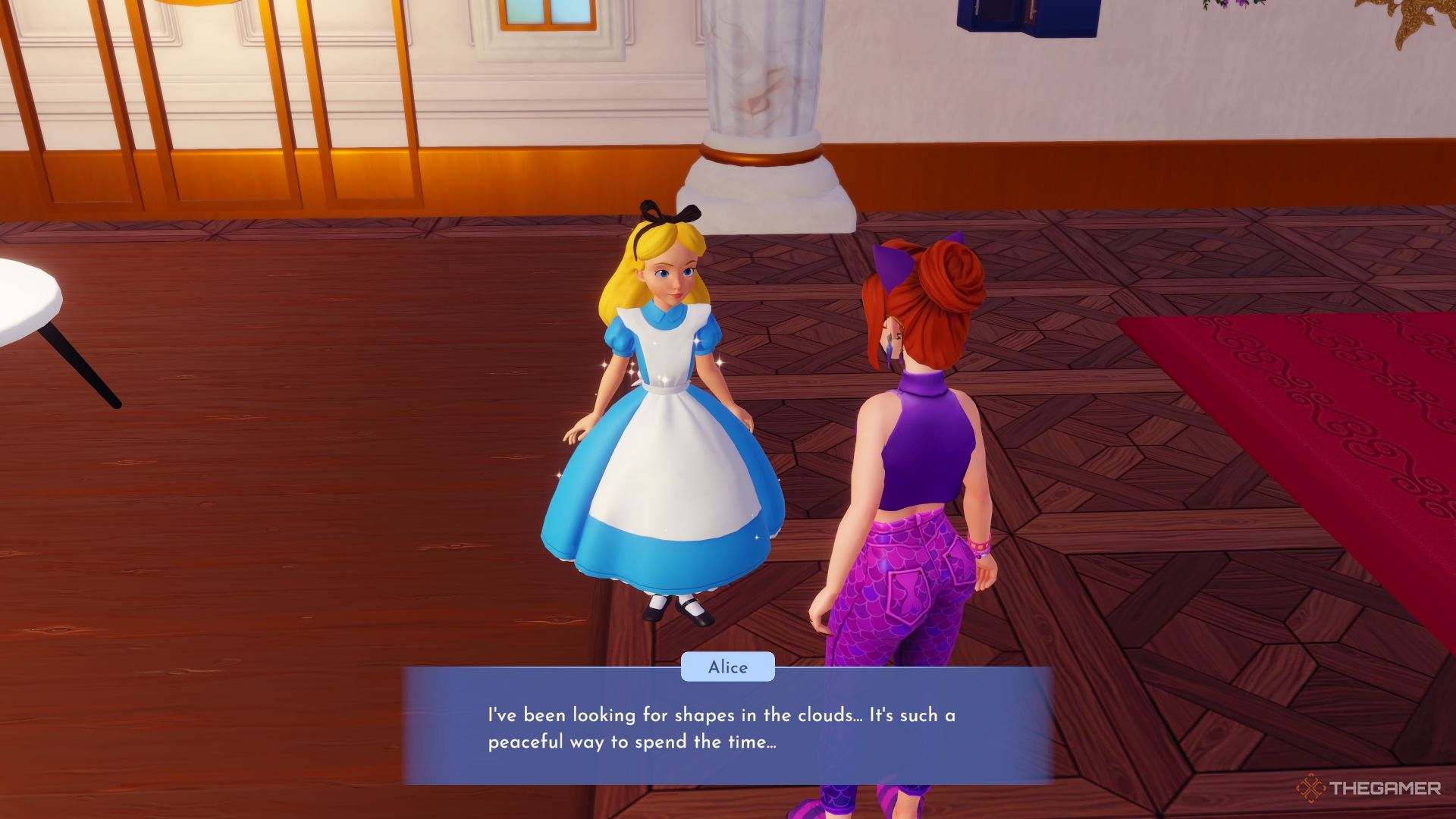 Alice talking about the clouds in Scrooge's shop.