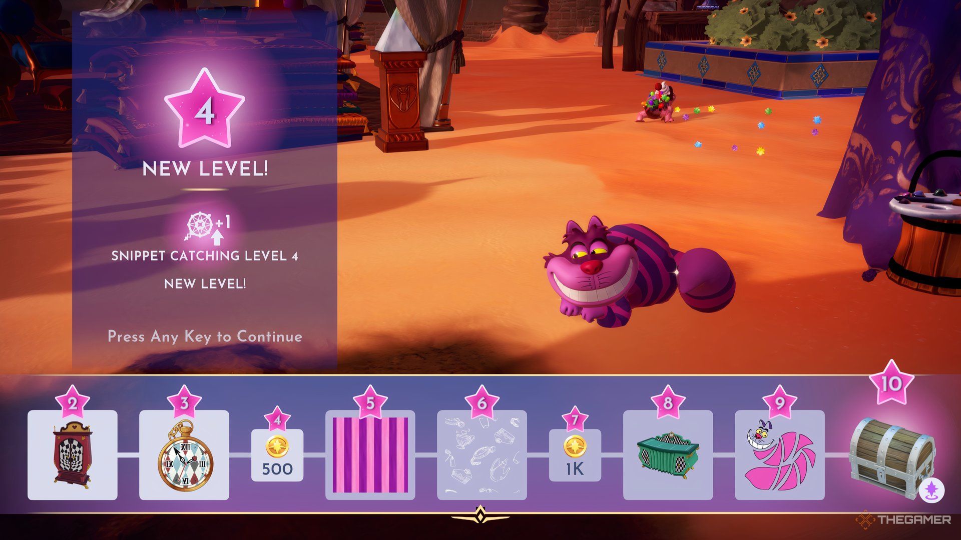 The Cheshire Cat smiling in the desert with his friendship rewards.