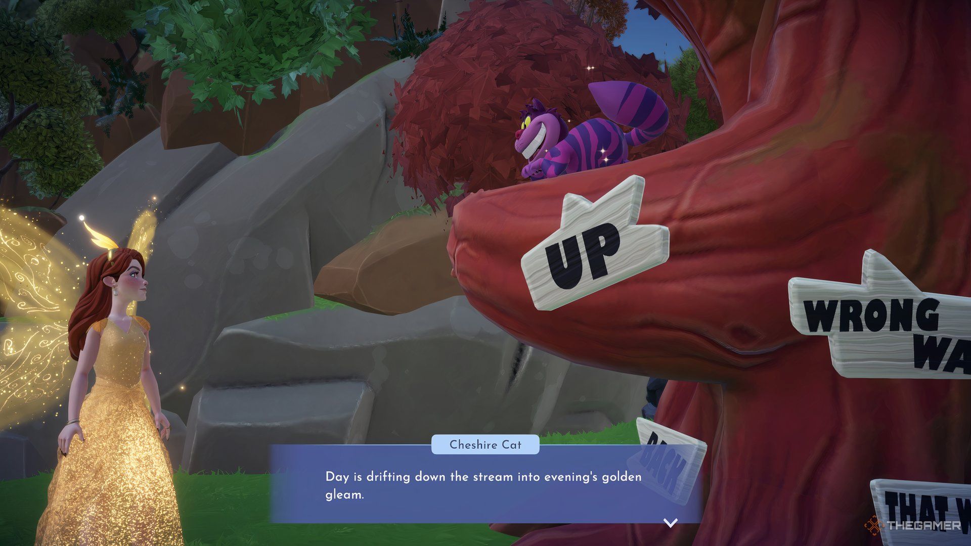 The Cheshire Cat talking to the avatar from his tree.
