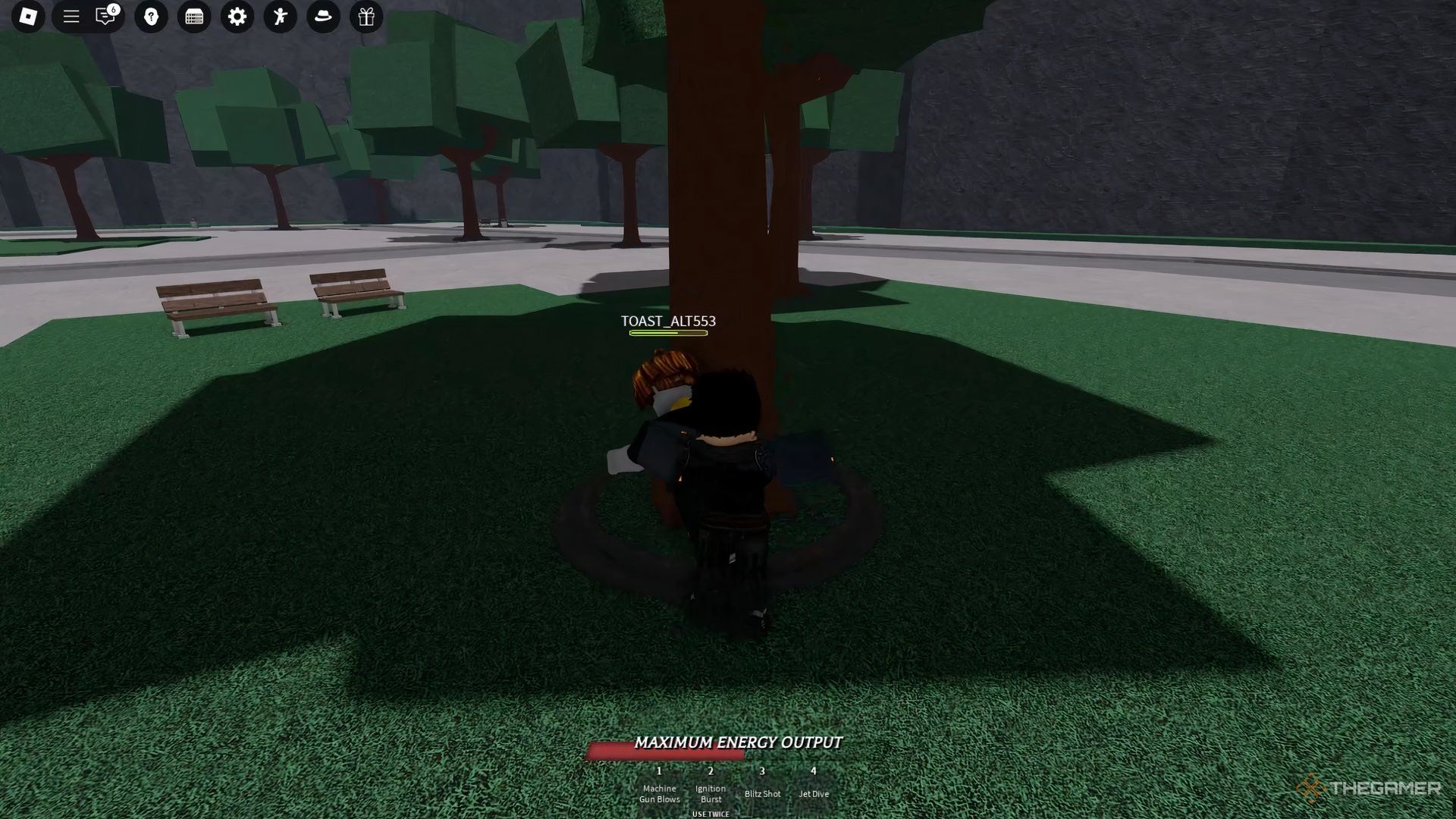 Doing a wall combo near a tree in Roblox: The Strongest Battlegrounds.