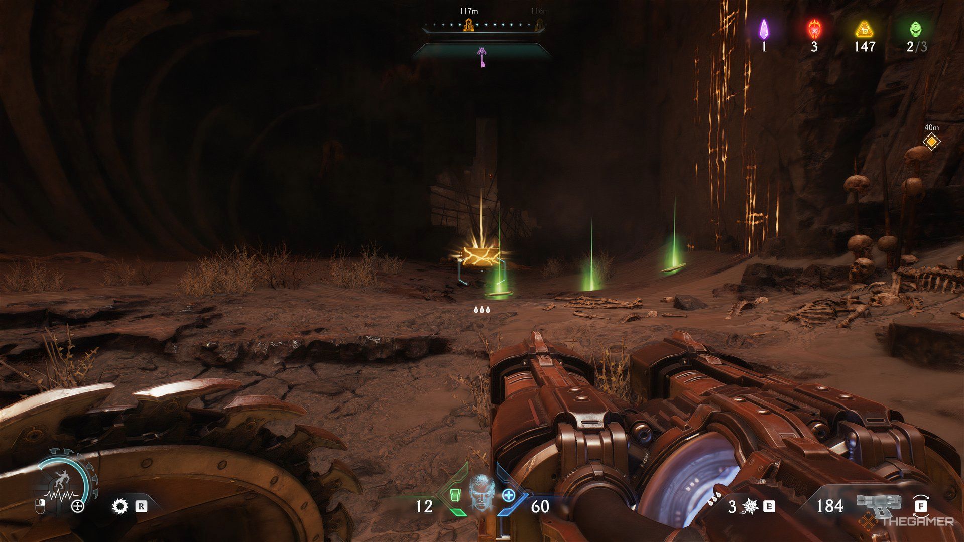 Doom Slayer walking up to the last Gold Chest in the level of DOOM: The Dark Ages. Beside him on the right is a wall to climb up.