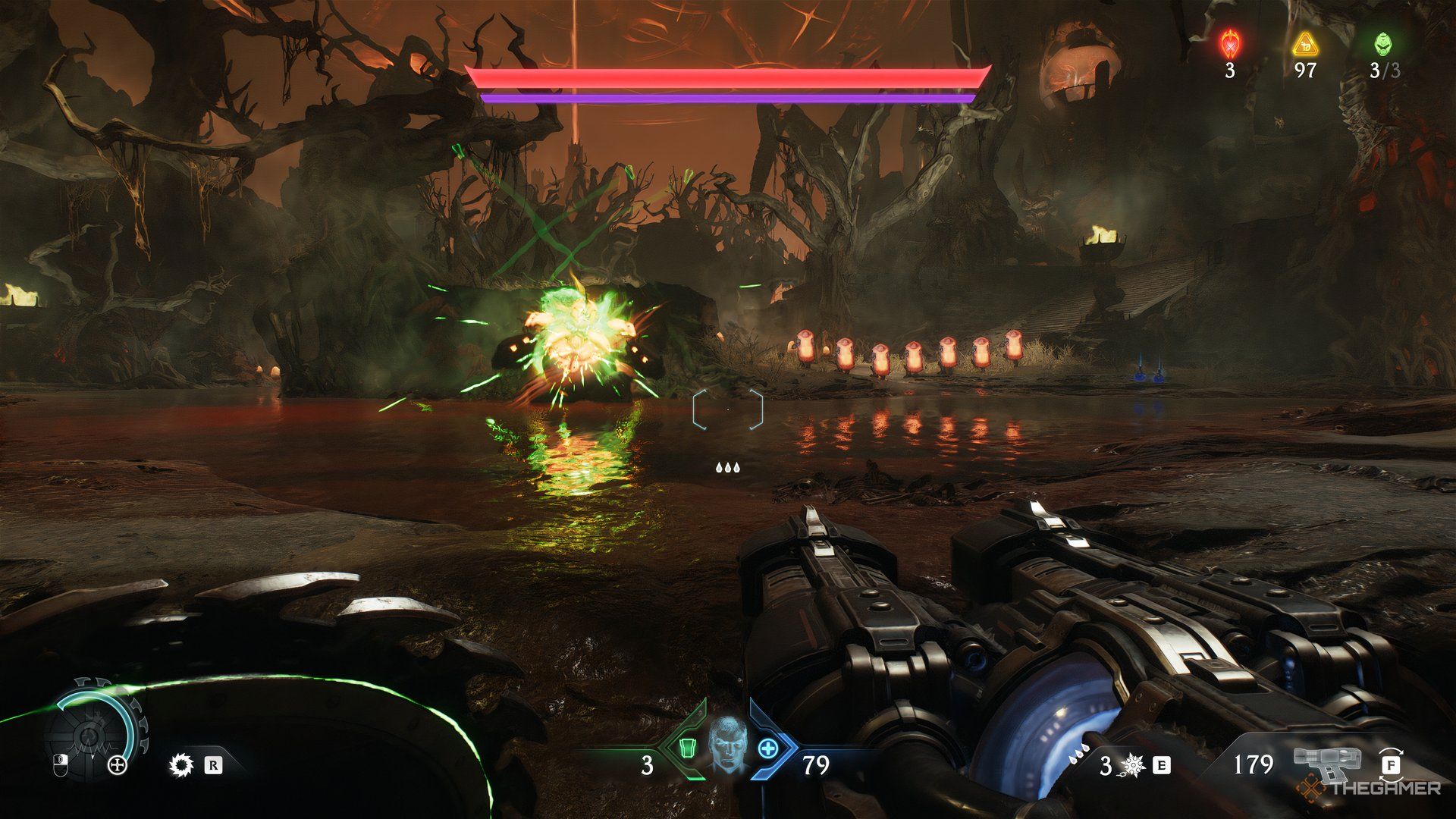 Doom Slayer deflecting an attack that hits hitting a large enemy in DOOM: The Dark Ages. Beside the enemy are smaller ones iwth shields.