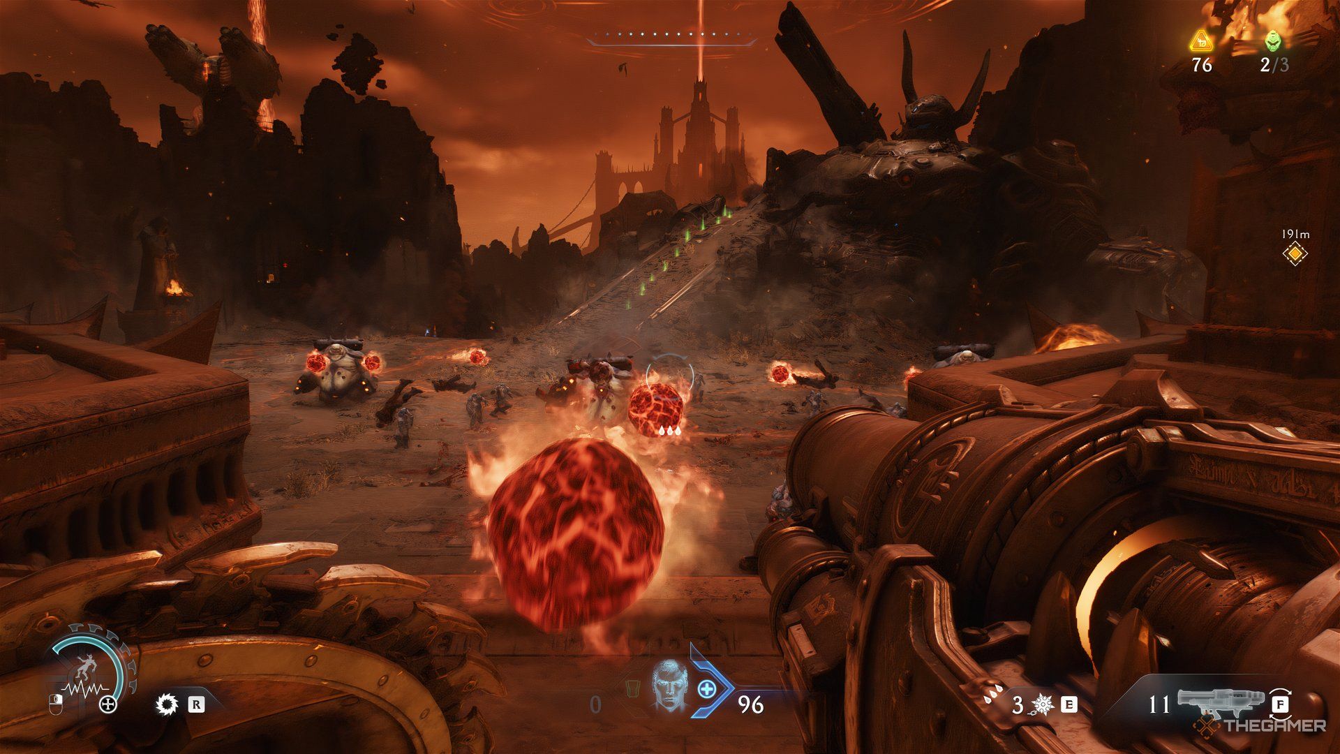 A fireball approaching the Doom Slayer with other fireballs behind it. There are enemies in the distance. Farther away is an Atlan laying on the ground in DOOM: The Dark Ages.