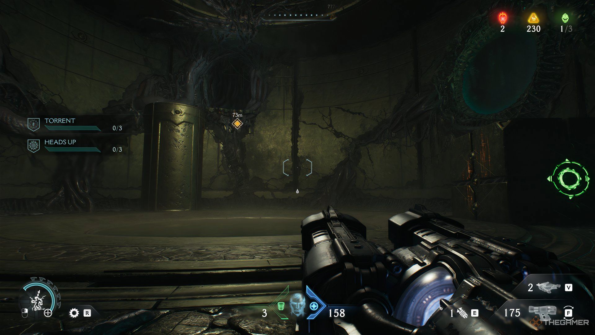 Doom Slayer looking at pillar with a cube on the right in DOOM: The Dark Ages.