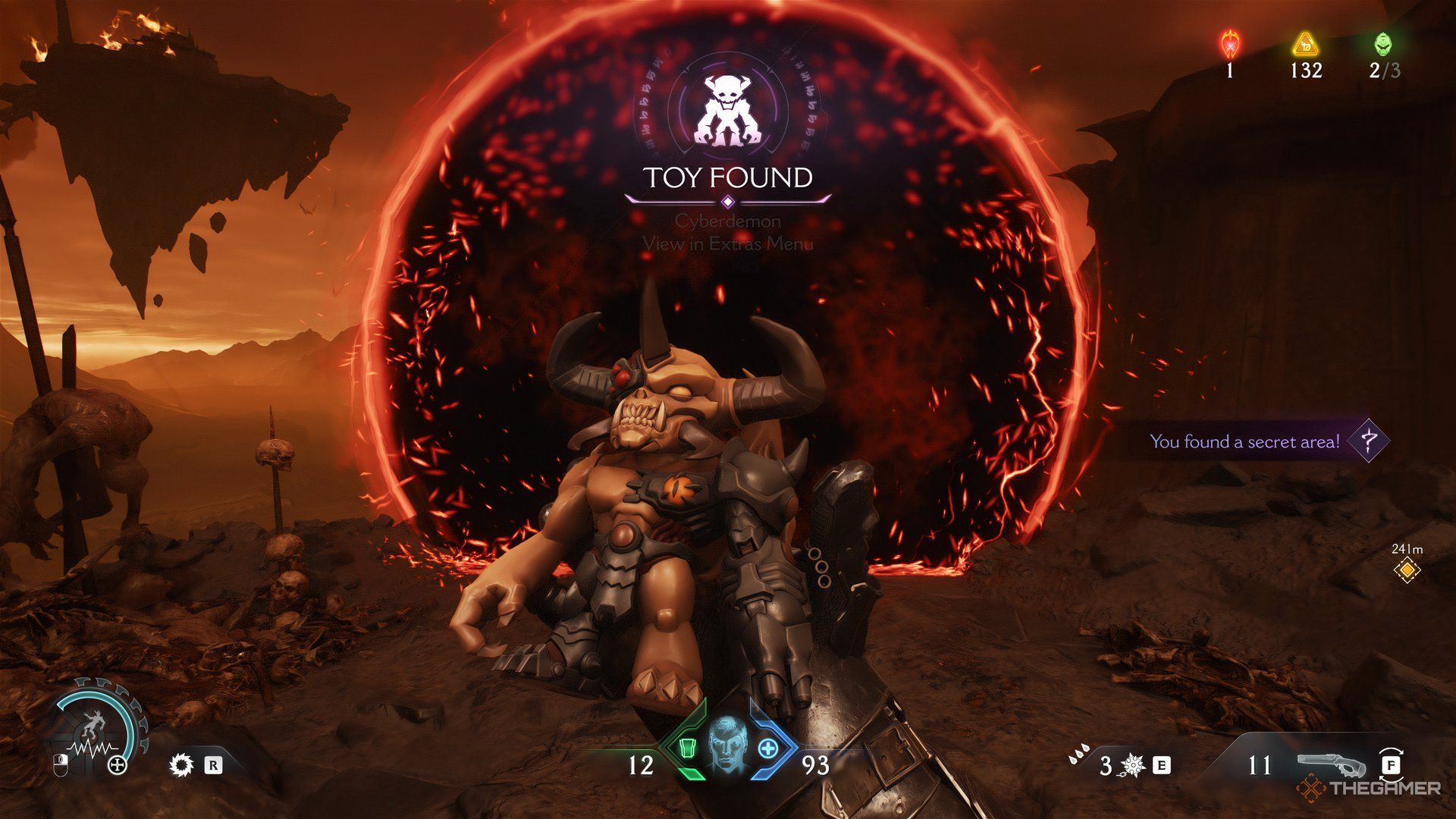 Doom Slayer holding a Cyberdemon toy with a portal in front of him. The way words Toy Found are appearing at the top in DOOM: The Dark Ages. 