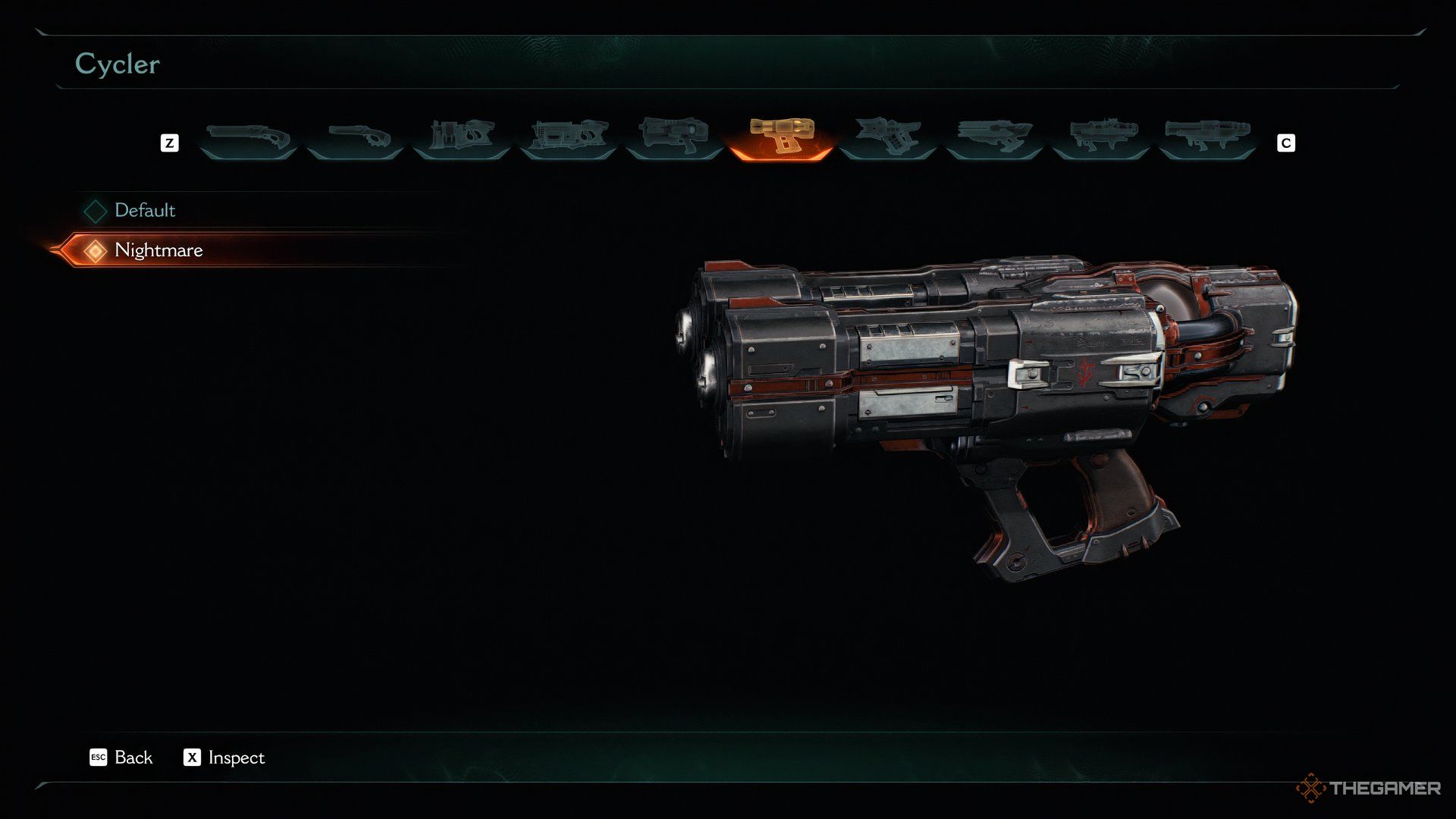 The menu showing the Cycler with the Nightmare skin in DOOM: The Dark Ages.