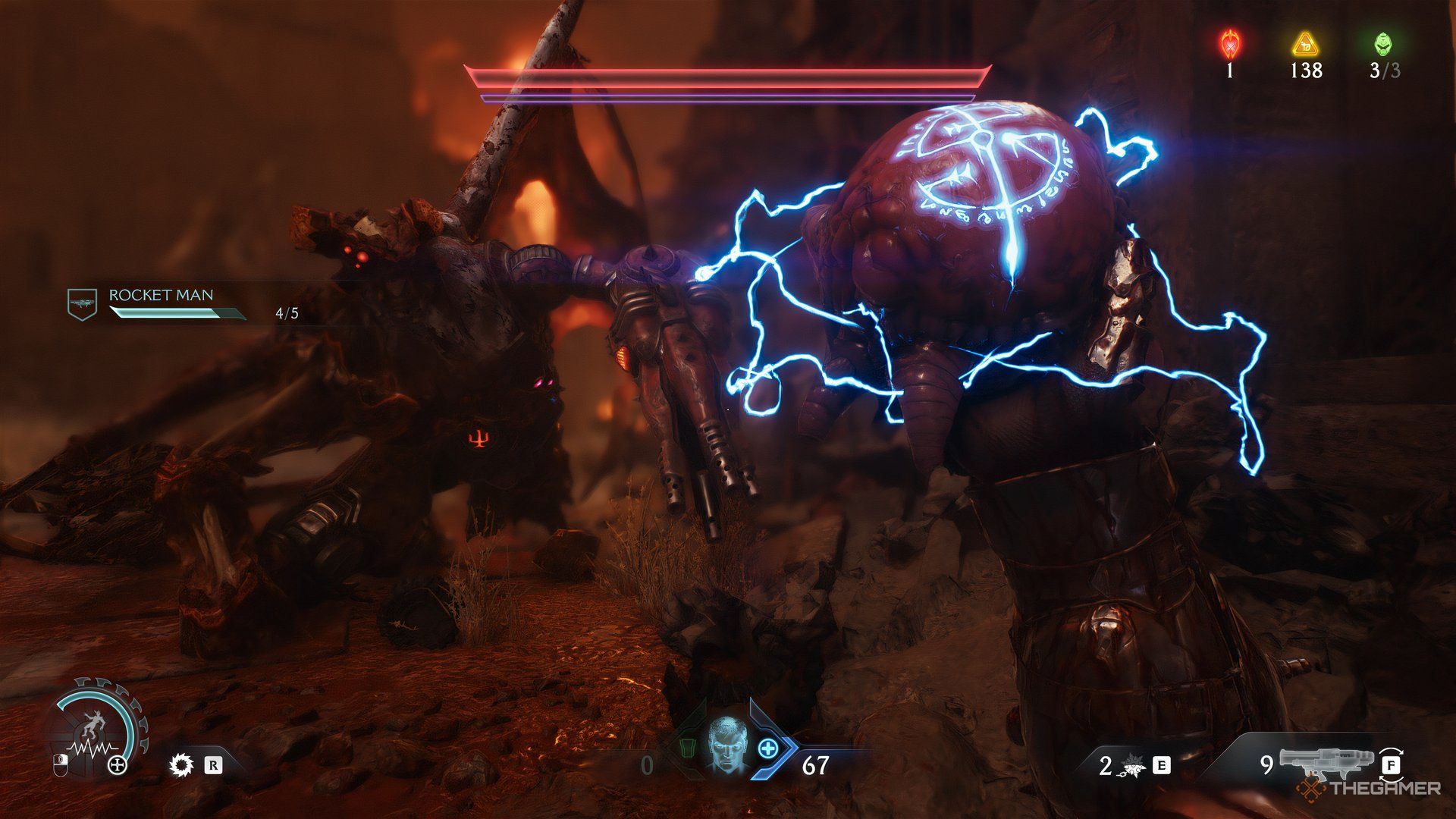 Doom Slayer taking out demons heart which has blue writing on it. In the background is demon falling down in DOOM: The Dark Ages.