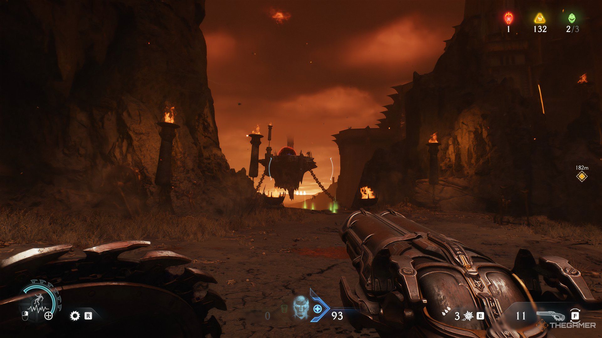 Doom Slayer looking at a piece of land that is floating. It's anchored by two chains in DOOM: The Dark Ages.