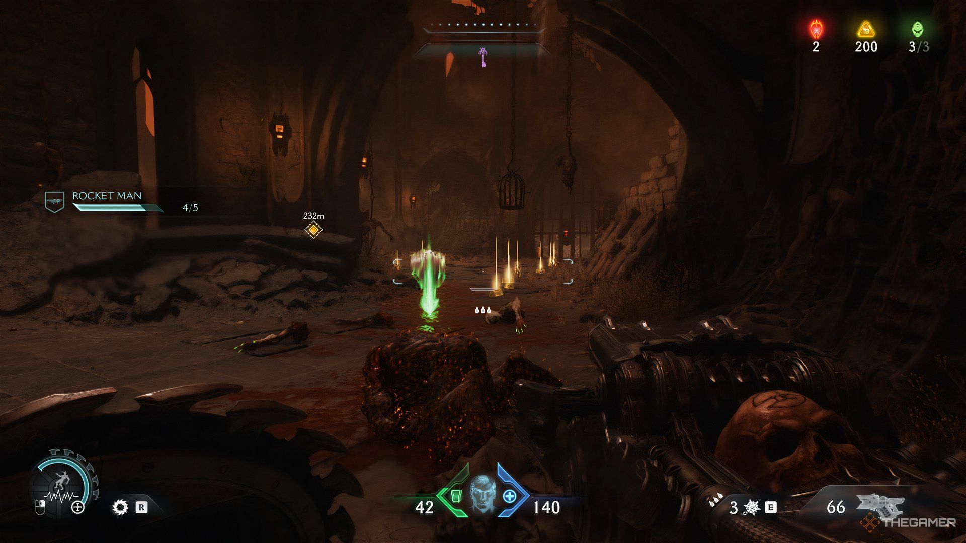 Doom Slayer standing infront of gold and green items on the ground the codex is in the distance in DOOM: The Dark Ages.