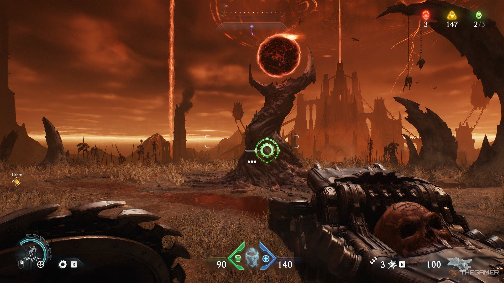Doom Slayer looking at a Gore Nest in DOOM: The Dark Ages. It has a giant black and orange orb floating above it.
