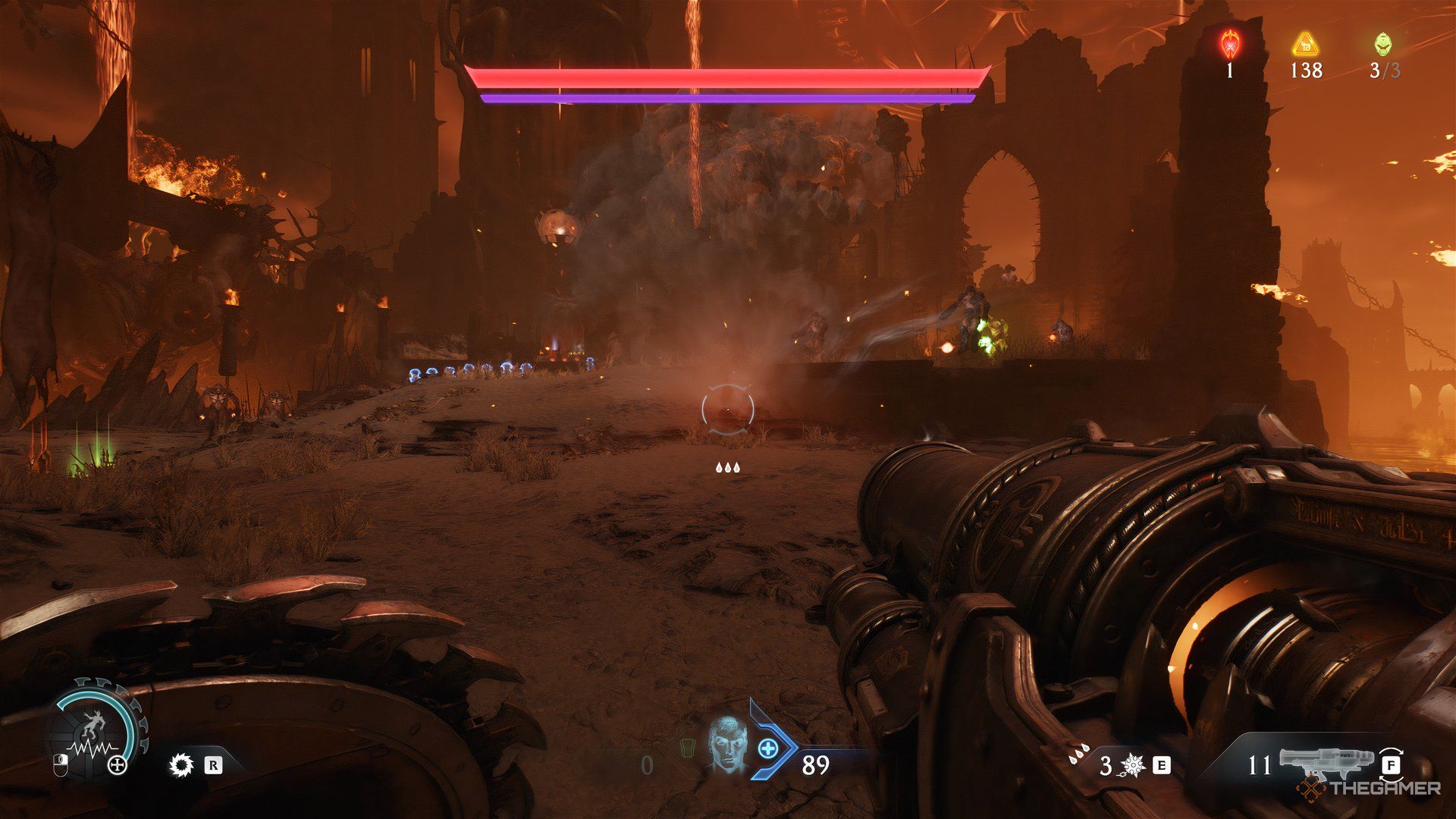 Enemies approaching the Doom Slayer. There is red health bar with another purple bar onto in DOOM: The Dark Ages.