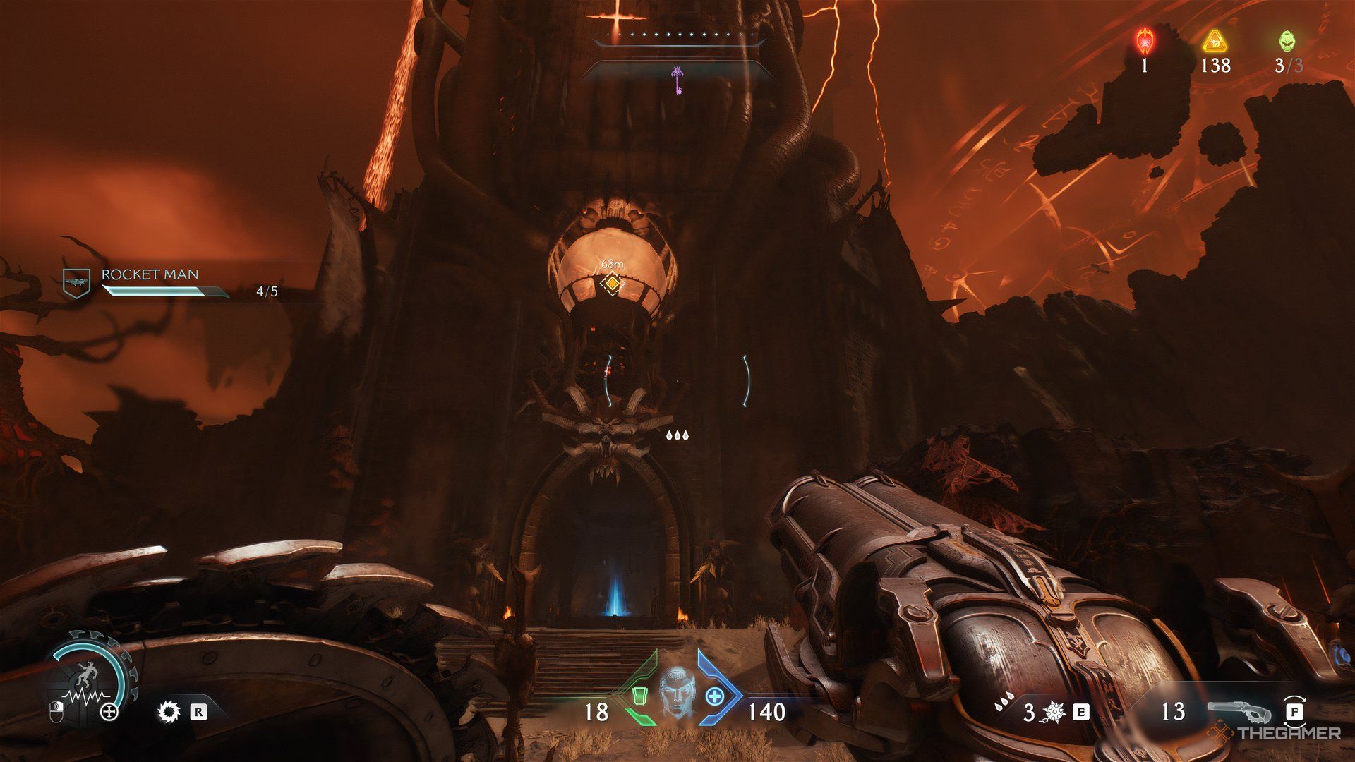 Doom Slayer looking at the jump pad to get to the first Hell Cannon in DOOM: The Dark Ages.