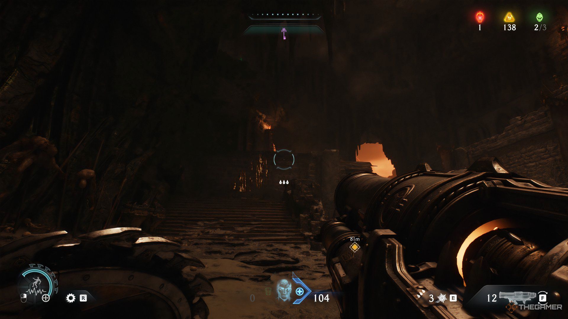 Doom Slayer looking at the wall to jump up on in DOOM: The Dark Ages. 
