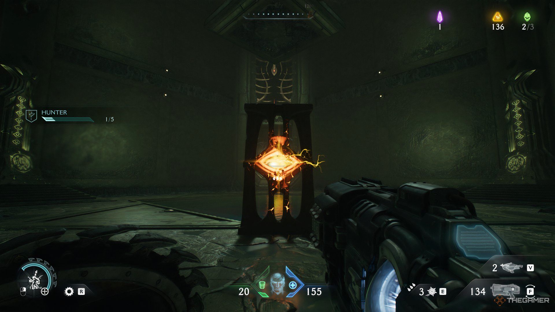 Doom Slayer using the eye monolith with yellow energy filling the eye in Doom: The Dark Ages.