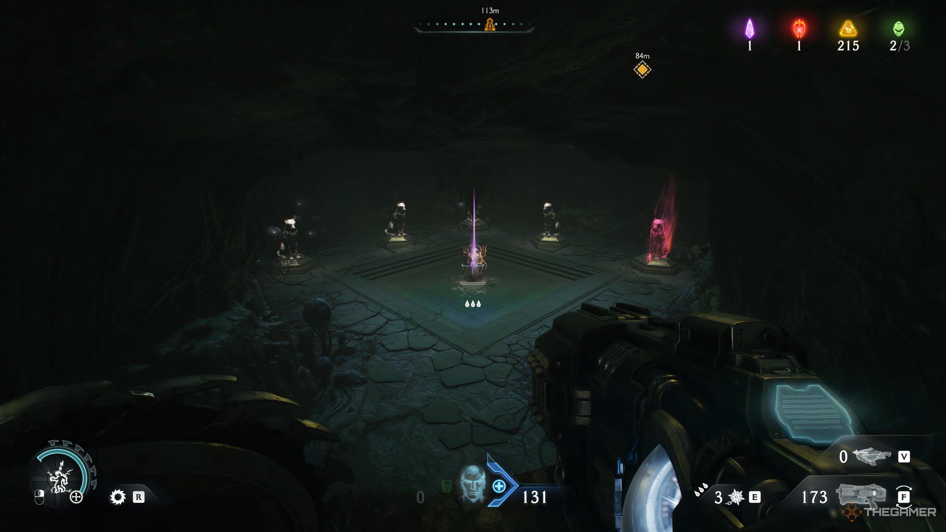 Doom Slayer back in the Wraithstone room looking at the wolves and the statue holding the Wraithstone in Doom: The Dark Ages. One wolf has red energy around it.