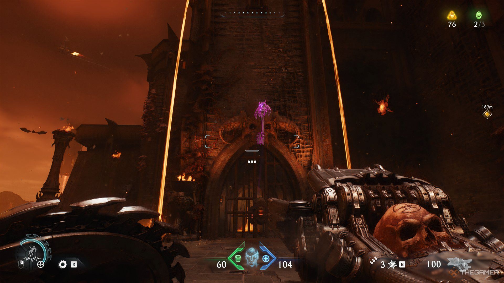 Doom Slayer looking a door with a large Purple Key icon in the air in DOOM: The Dark Ages. There is also two streams of lava on both sides of the door. 