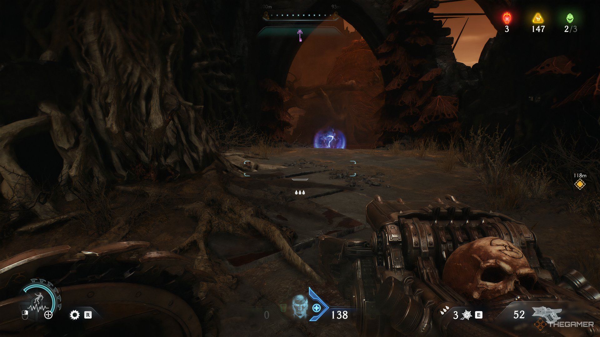 Doom Slayer walking towards a floating Question Mark in a blueish orb in DOOM: The Dark Ages.