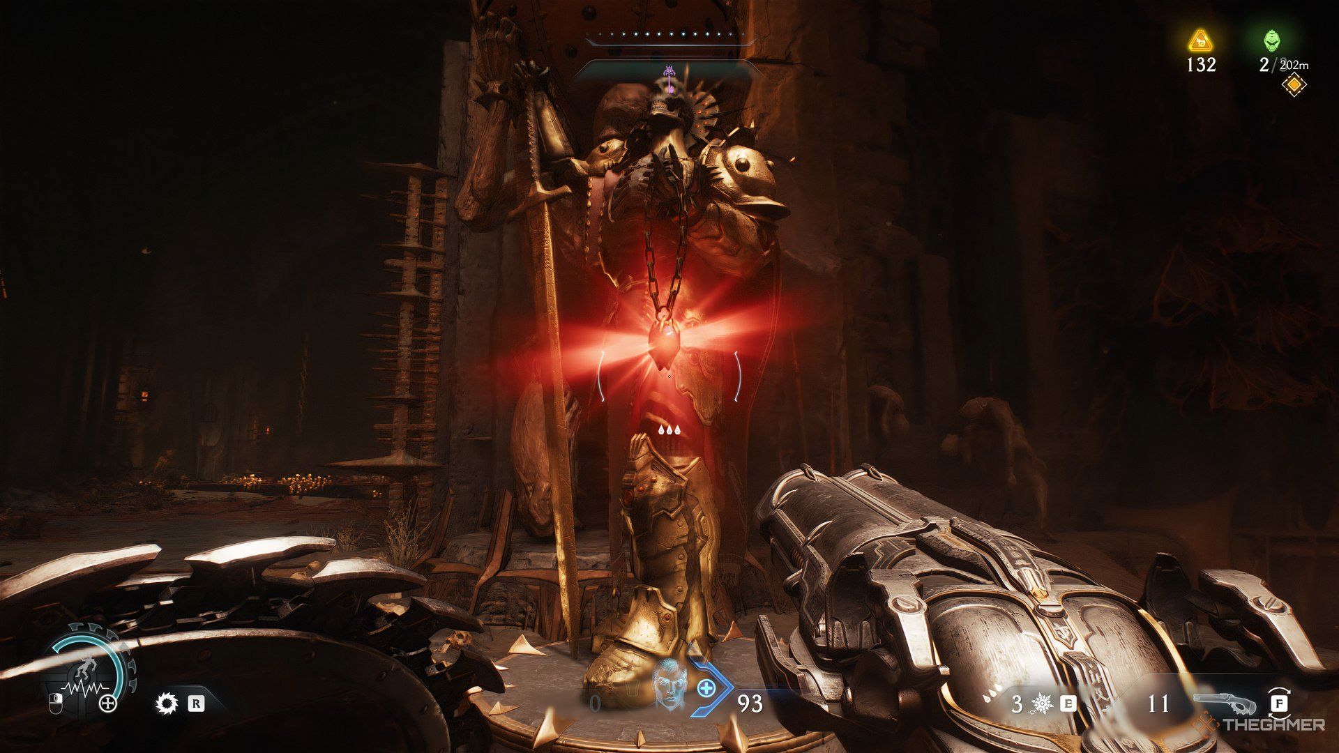 Doom Slayer about to interact with a large statue holding a red glowing Ruby in DOOM: The Dark Ages.