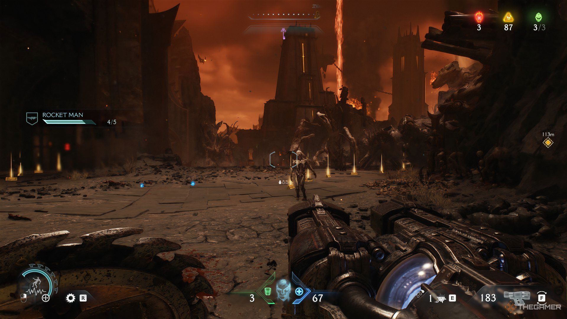 An enemy approaching the Doom Slayer in DOOM: The Dark Ages. There are yellow items on the ground. In this distance is a large structure.