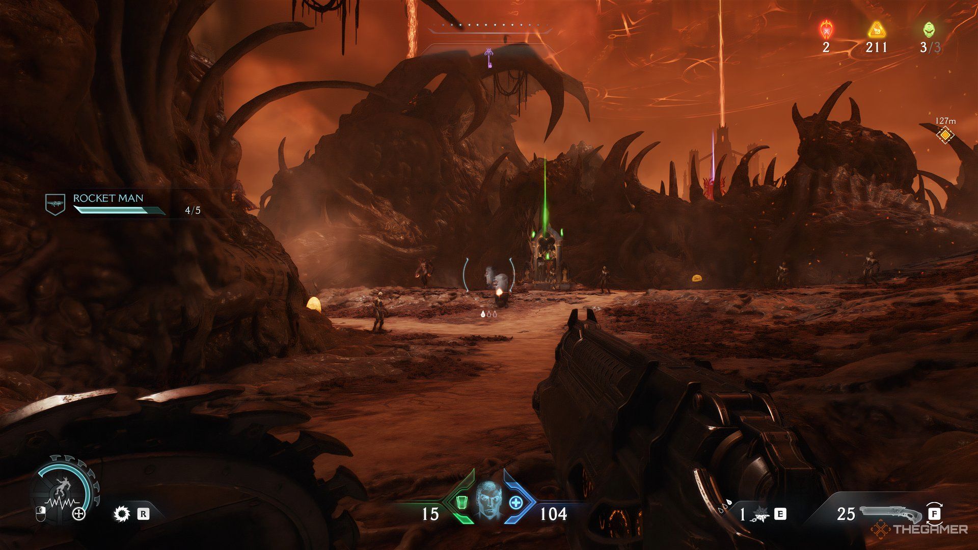 Doom Slayer walking towards a Shrine with many enemies around it. There is structure in the background
