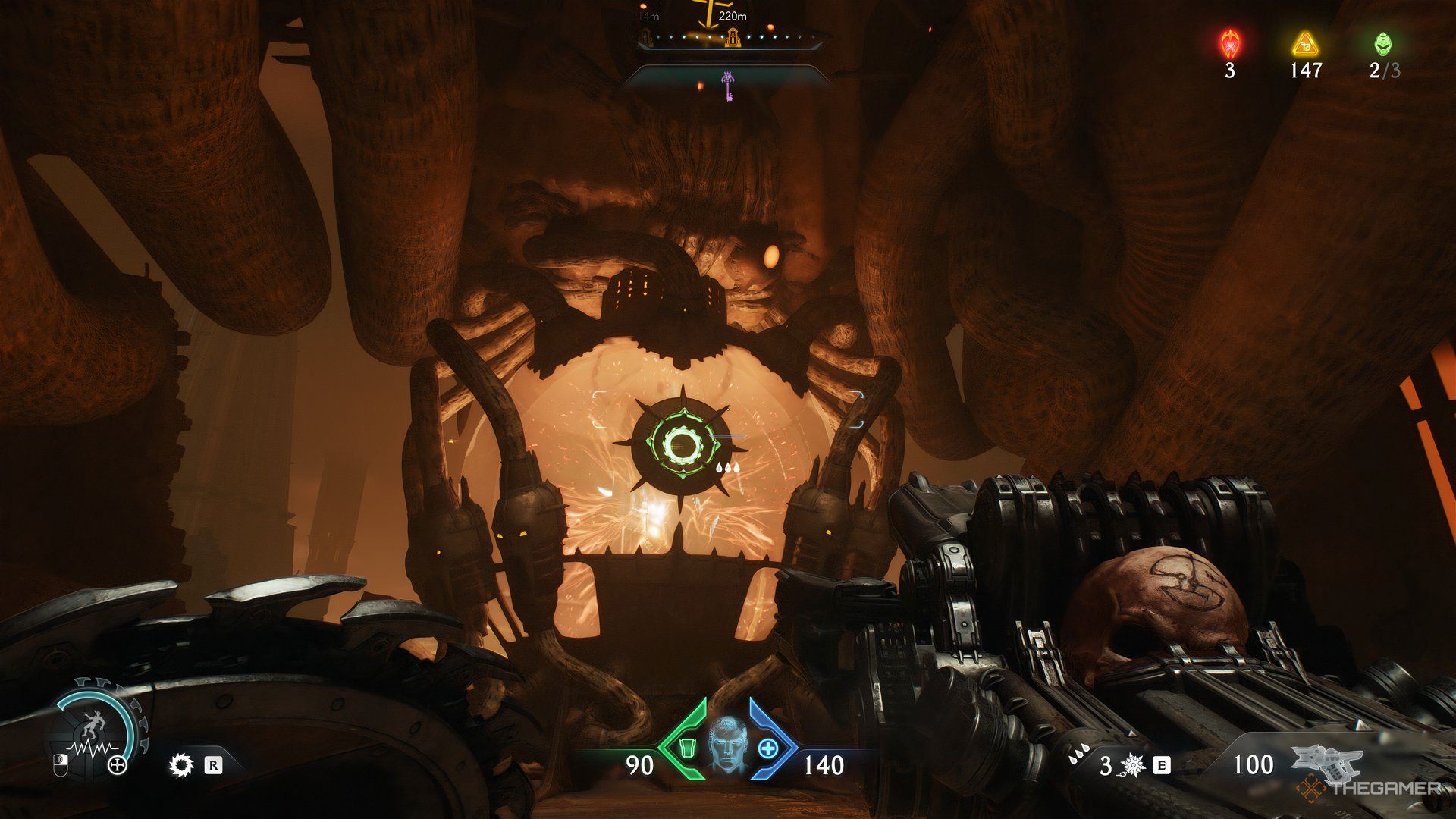 Doom Slayer looking at the sheild bash trigger of the second Hell Cannon in DOOM: The Dark Ages.
