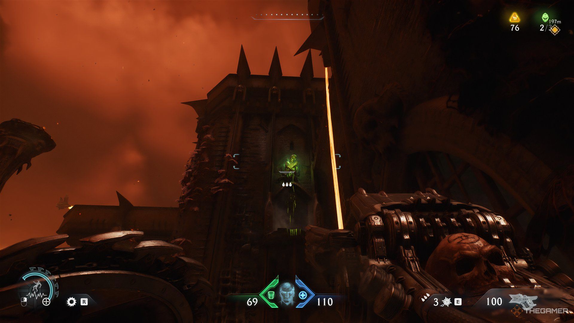 Doom Slayer about to use the Sheild Dash ability while looking at the green item above him in DOOM: The Dark Ages.