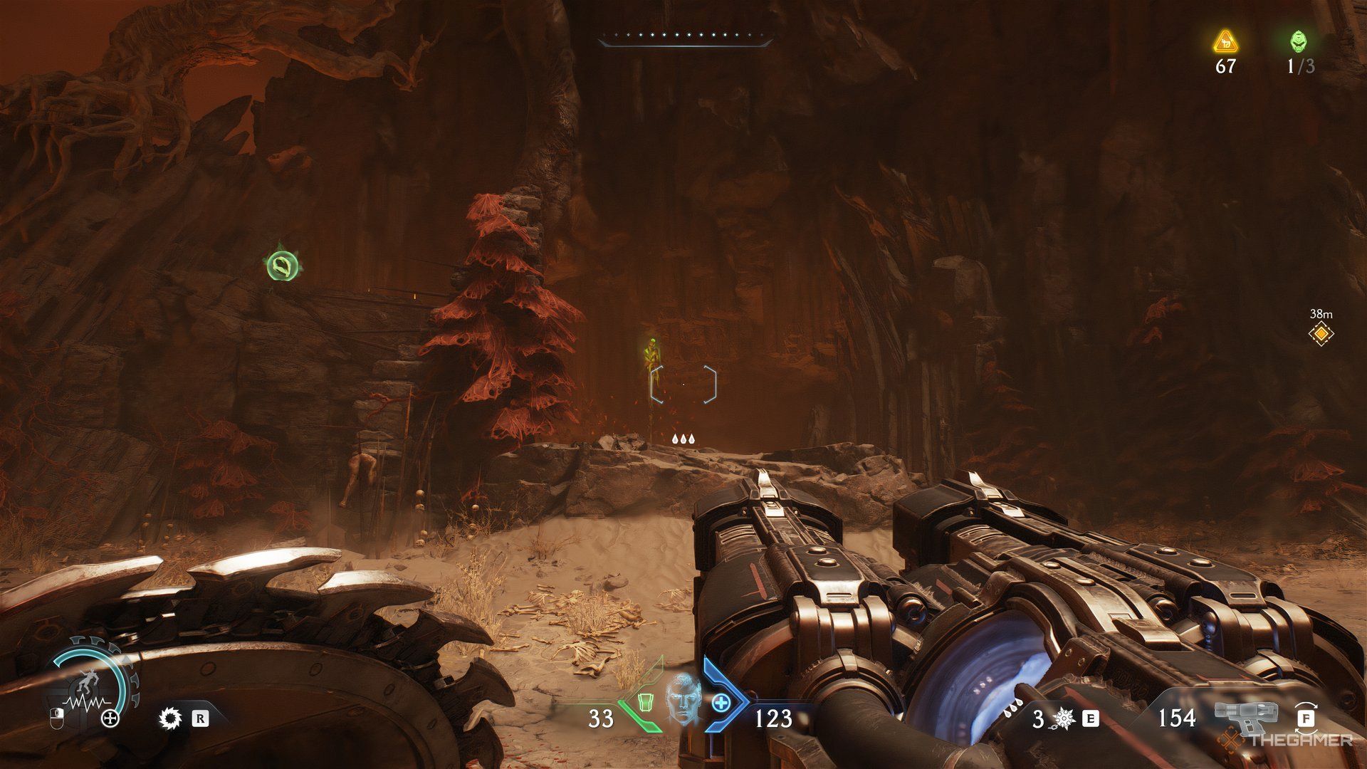 Doom Slayer holding a Shield in one hand and the Cycler weapon in the other hand in DOOM: The Dark Ages.