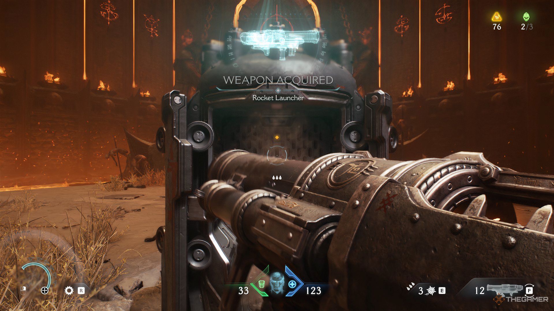 Doom Slayer interacting with the Rocket Launcher. The weapon's case is in the background in DOOM: The Dark Ages.