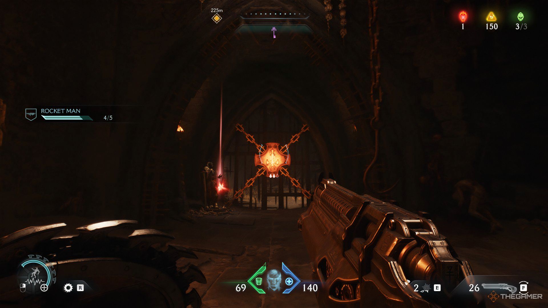 Doom Slayer about to shoot the Superheated gate. There is a Ruby shining on the left of it in DOOM: The Dark Ages.