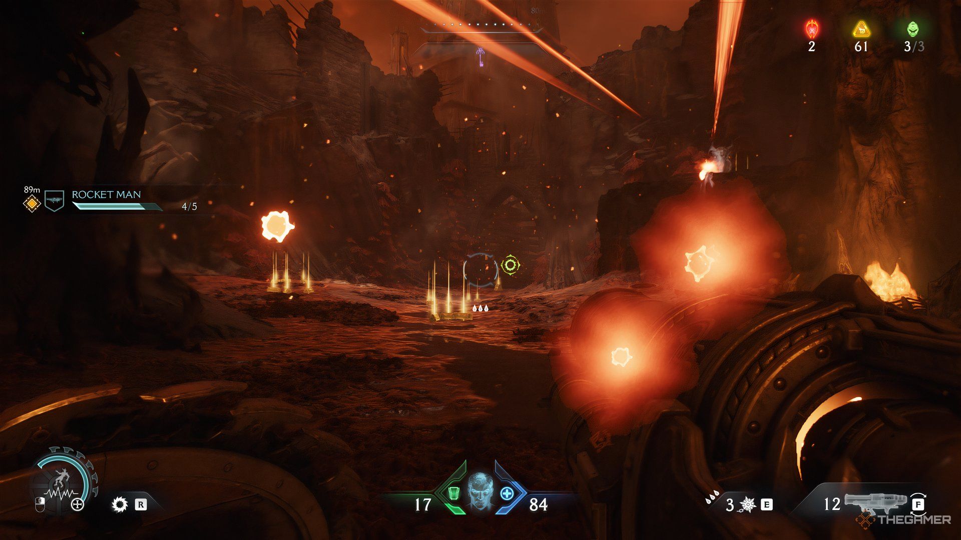 Doom Slayer being shot at from enemies above in DOOM: The Dark Ages. In front are gold items with a green icon in the background.