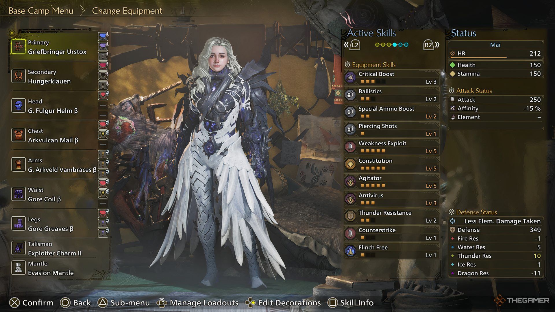 Dragon Piercer bow build showcase with armor pieces on the left and skills on the right in Monster Hunter Wilds.