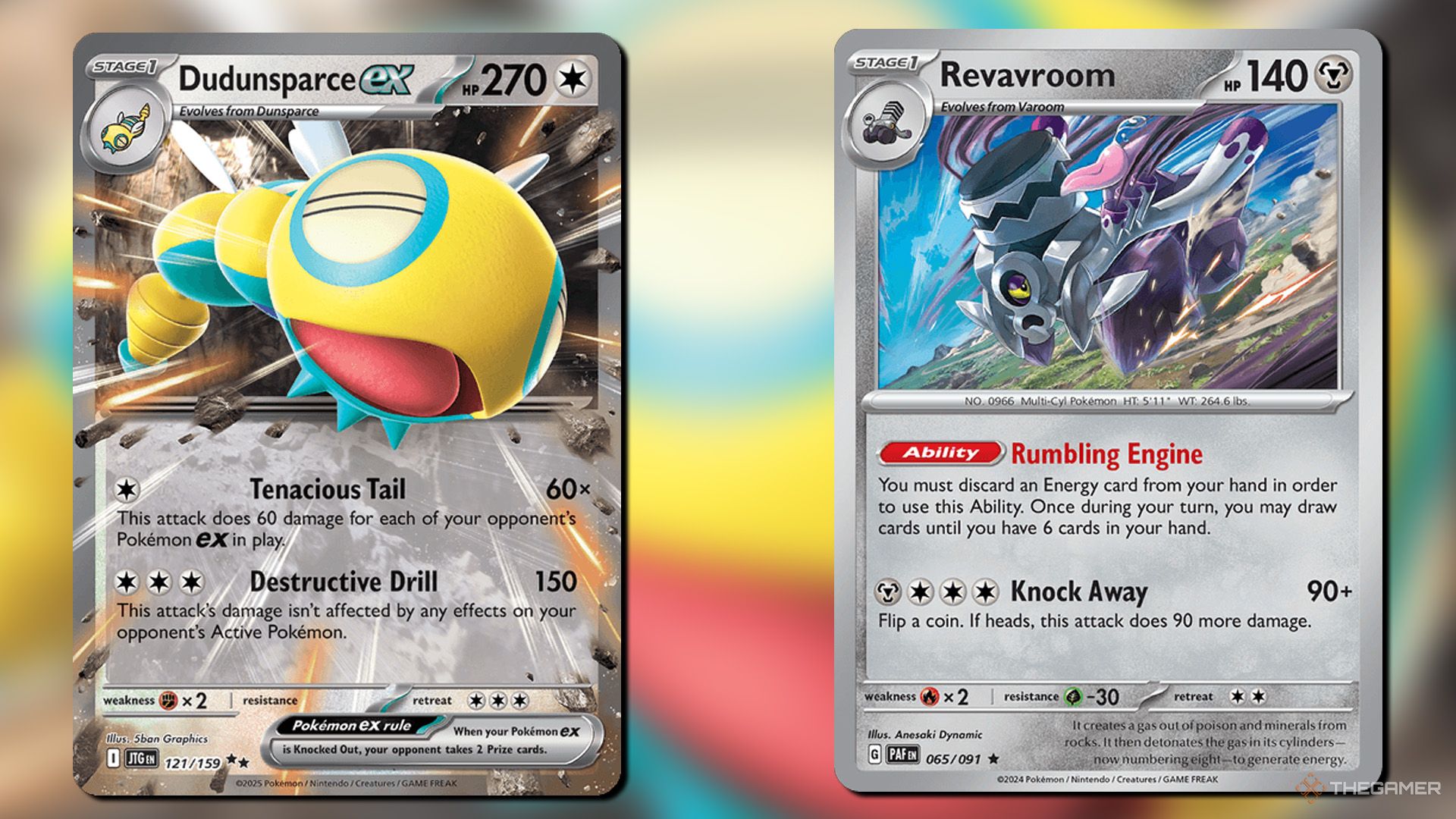 Dudunsparce ex and Revavroom cards from Pokemon TCG.