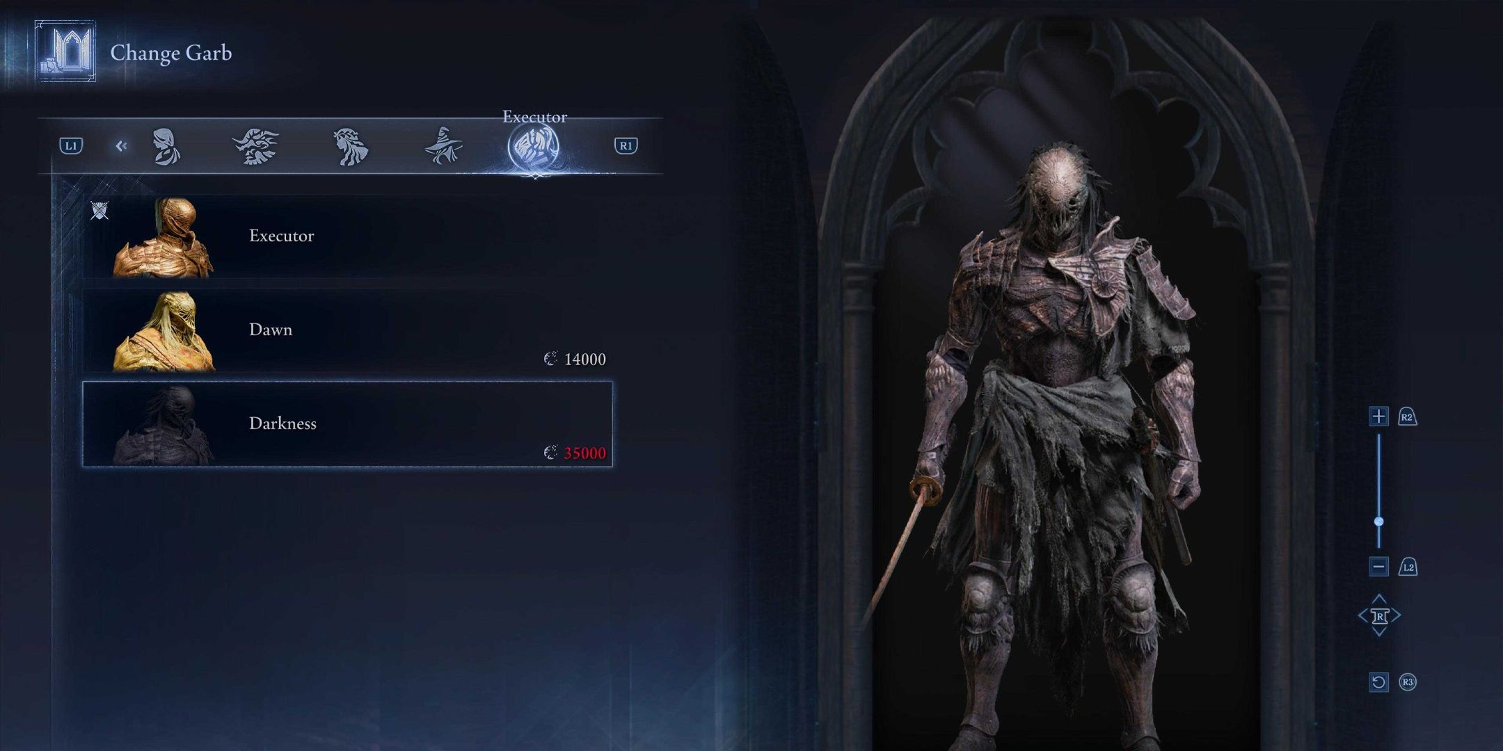 Elden Ring Nightreign change garb menu showing the Executor's Darkness skin.