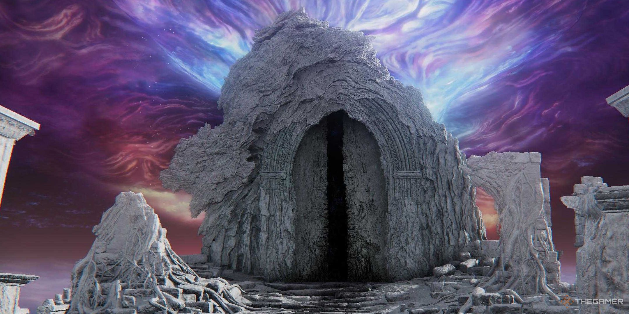 Elden Ring Nightreign giant stone gateway in front of a swirling purple sky.