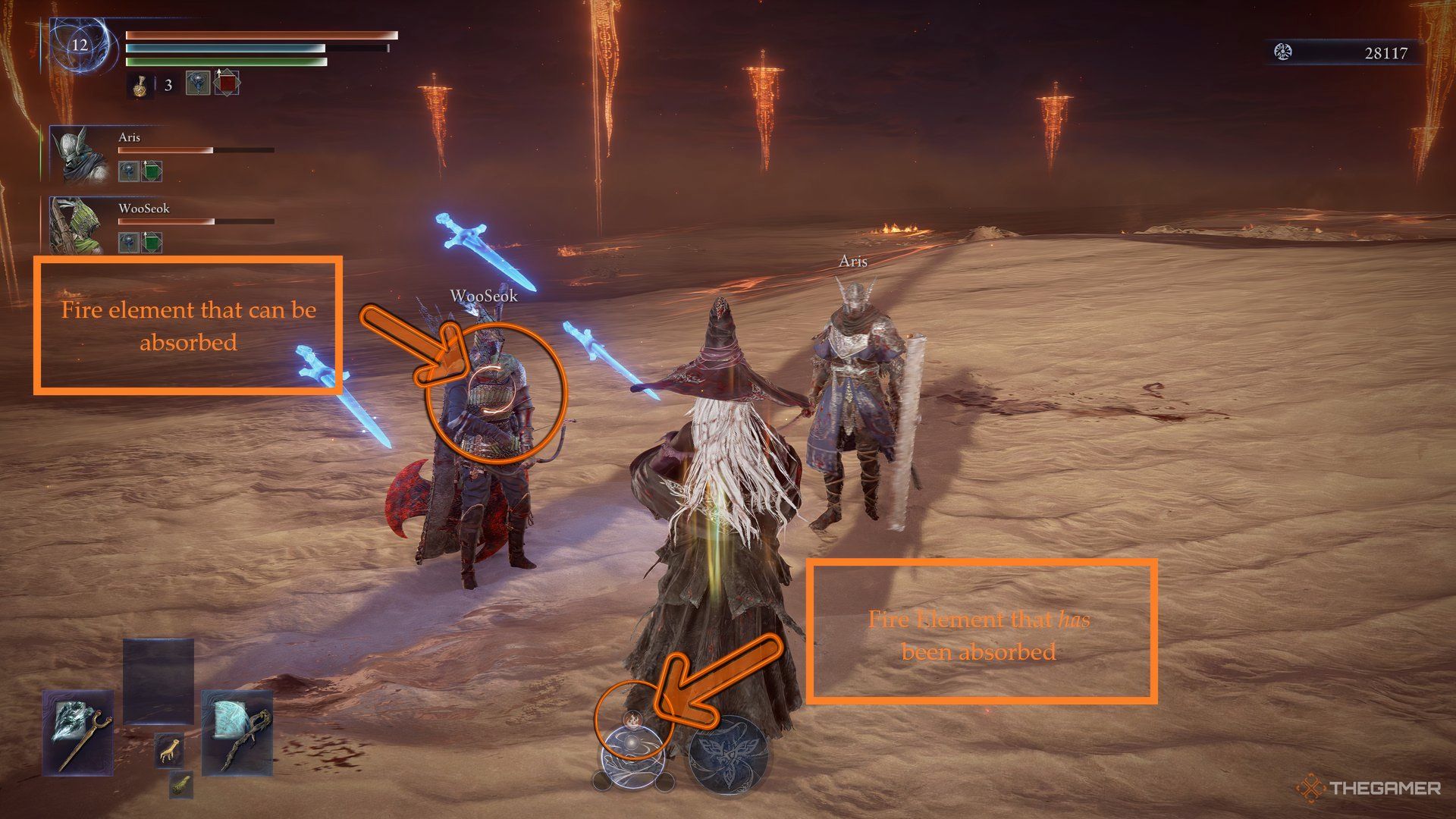 Recluse stands with Ironeye and Wylder as text boxes indicate an unabsorbed and absorbed fire element in Elden Ring Nightreign.