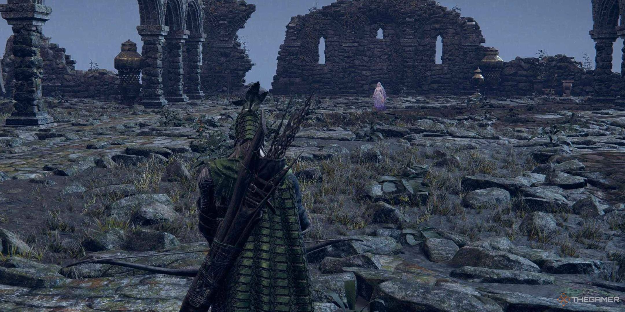 Elden Ring Nightreign player looking at the Revenant at the other end of a ruined building.