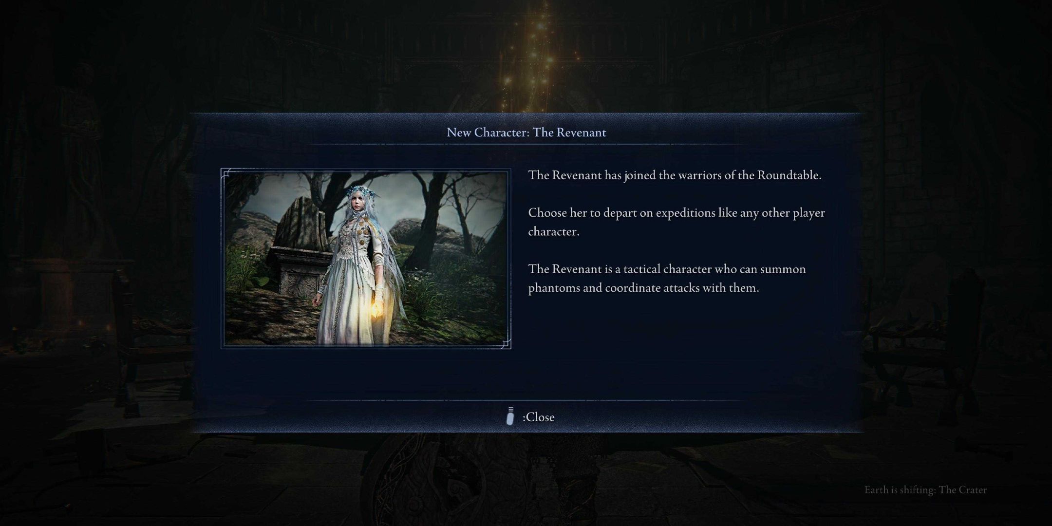 Elden Ring Nightreign pop up box about the Revenant, saying that she has joined the Roundtable.