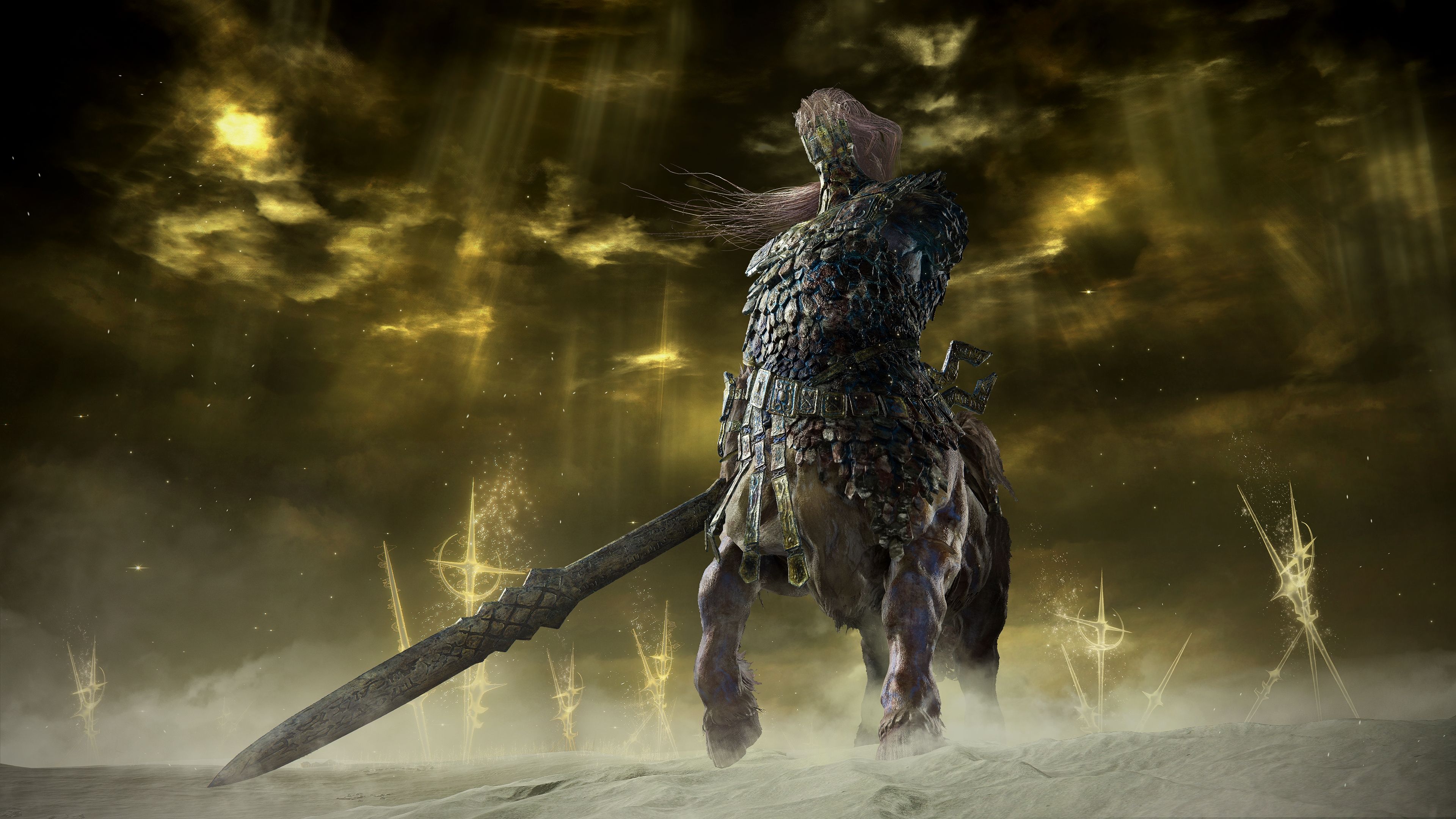 A tall centaur man with a sword standing in a golden field in elden ring nightreign.