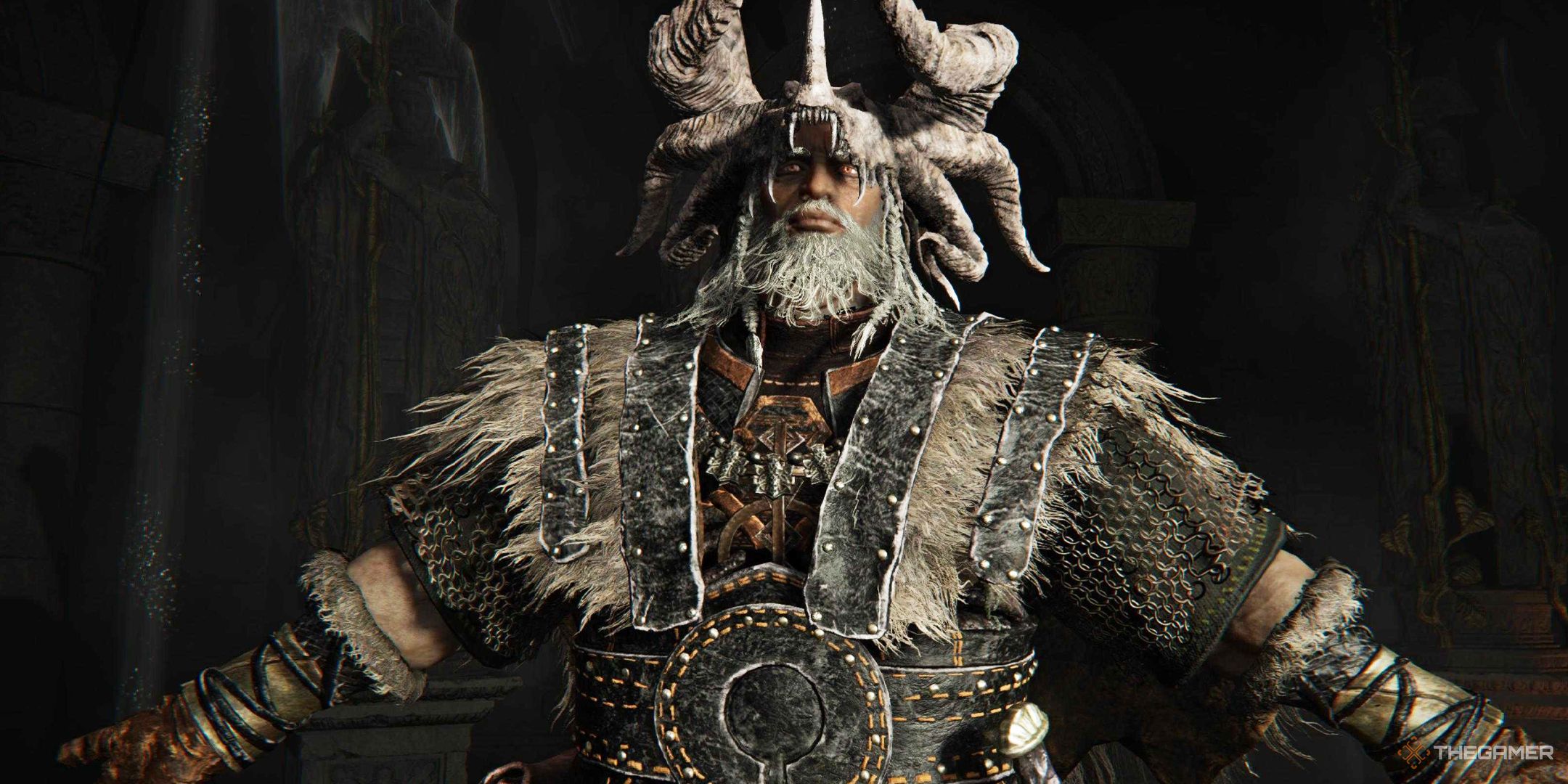 Elden Ring Nightreign Raider standing at the Roundtable Hold with his arms spread out.-1