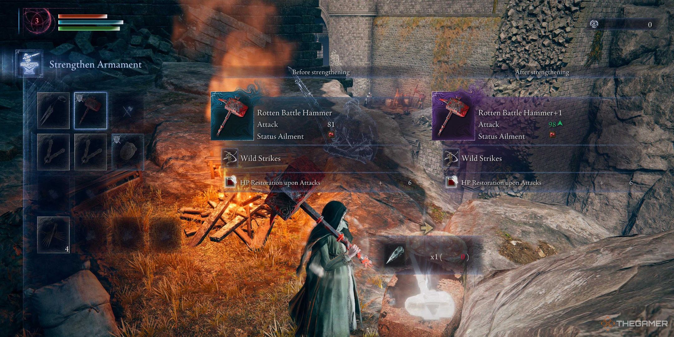 Elden Ring Nightreign Revenant upgrading a hammer at a smithing table.